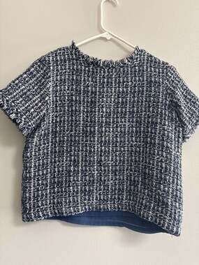 Ann Taylor Factory Petite Tweed Fringe Short Sleeve Top Navy Blue Size MP